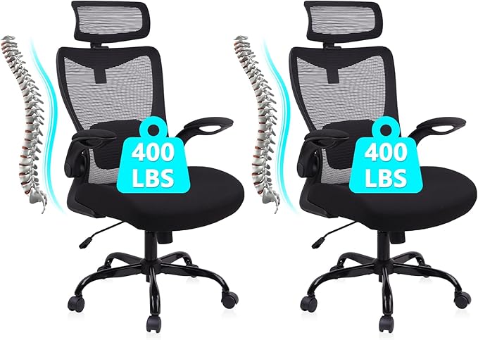 CLATINA Heavy Duty Ergonomic Mesh Office Chair 400LBS, Big and Tall Desk Chair with Adjustable Lumbar Support & Headrest, Flip Up Padded Arms, Swivel Computer Chair for Home, Conference, Black, 2 PACK