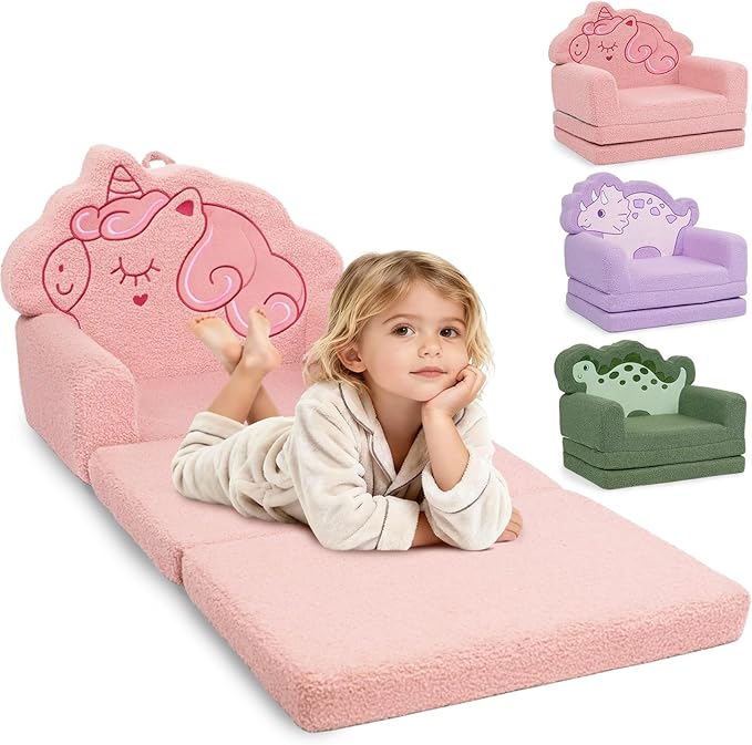 TinyPalsa Kids Couch, Convertible Sofa to Lounger Fold Out, Pink Magical Pony Design Chair for Toddlers 1-3, Gift for Birthday, Movie Night