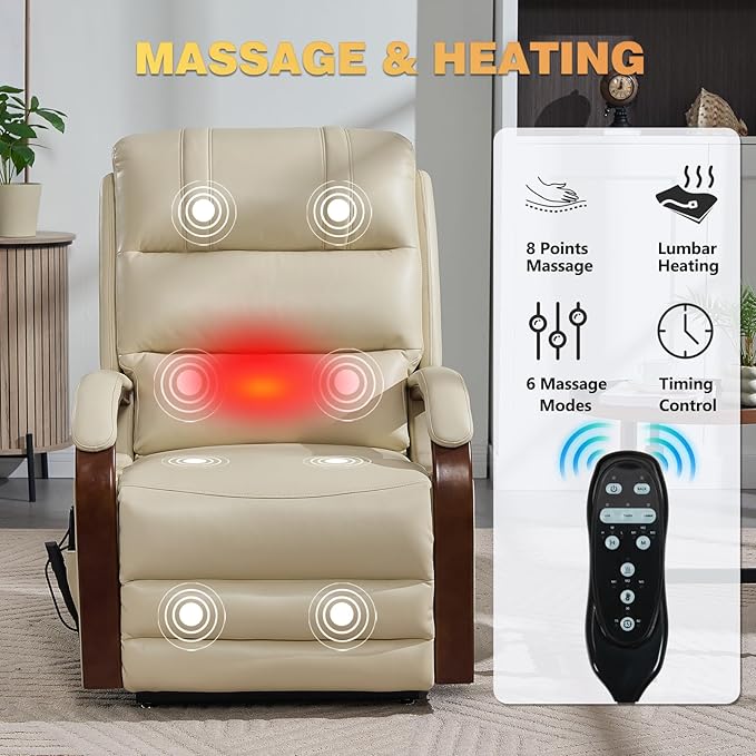 Dual Motor Power Lift Recliner Chair, Lay Flat Recliner, Lift Chair with Massage and Heat, Standing Assistance, Infinite Position Reclining, Living Room Chair (Faux Leather Beige)