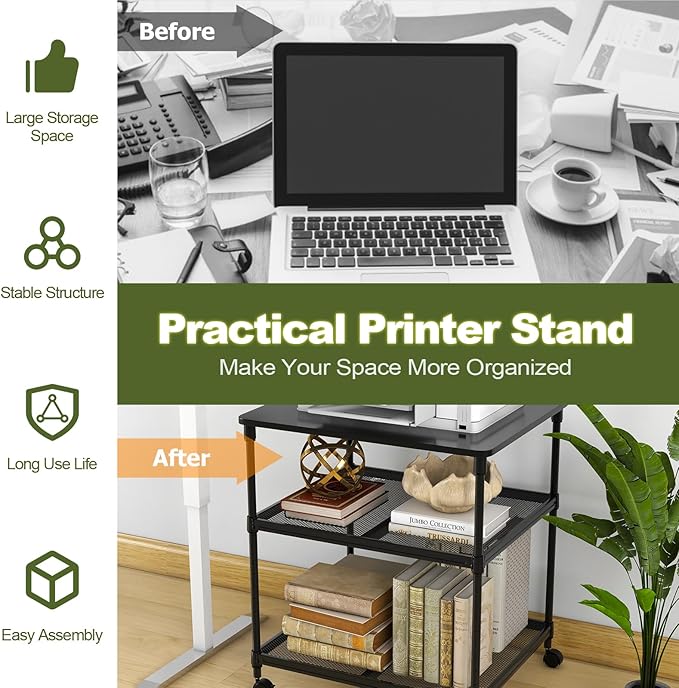 Giantex Printer Stand, 3-Tier Industrial Printer Cart with Lockable Wheels, Adjustable Shelves, Metal Frame, Mobile Under Desk Shelf for Home Office, Printer Table Fit Fax Machine, Scanner (Black)