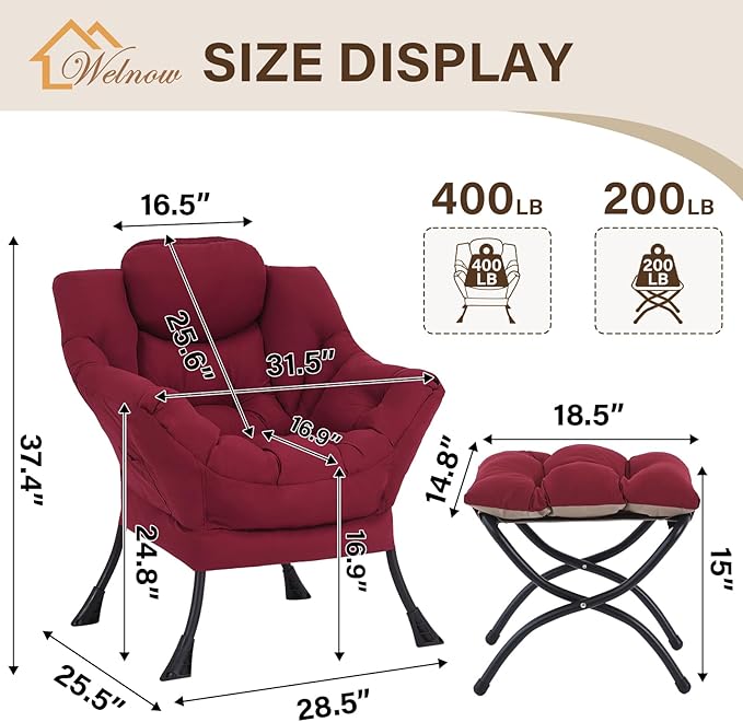 Welnow Lazy Chair with Ottoman, Modern Lounge Accent Chair with Armrests and a Side Pocket, Leisure Sofa Armchair, Reading Armchair with Footrest for Small Space, Burgundy
