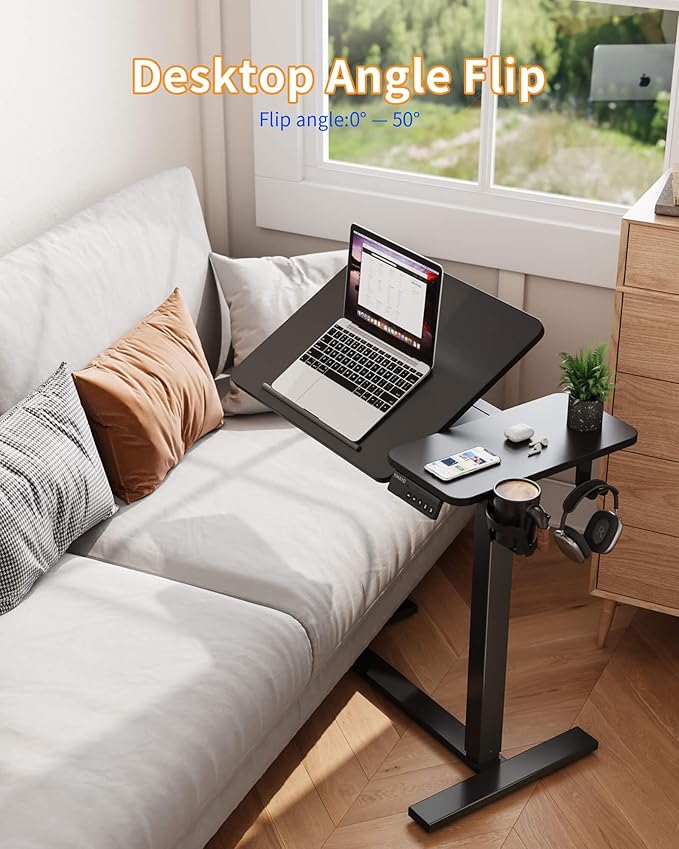 YIHAYO Adjustable Overbed Bedside Table with Wheels, 28 x 16 Inches Electric Mobile Standing Desk, Laptop Desk, Movable Overbed Tables Hospital Home Use, Black