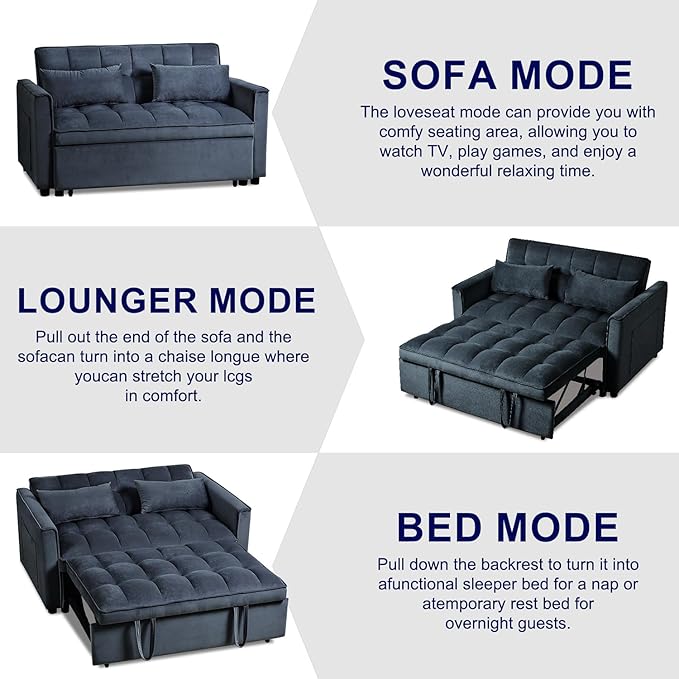 3 in 1 Convertible Sleeper Sofa Bed, Futon Couches for Living Room with Side Pocket | Adjustable Backrest| Velvet Fabric | Pull Out Couch | Love seat Sofa|2-seat Sofa Bed (Black)