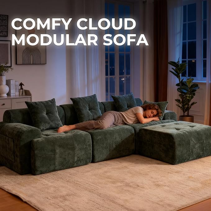 YAAREE 129.23”Modular Sectional Couch for Living Room, Modren L-Shape Cloud Sectional 4-Seater Sofa with Movable Ottoman, Woven Texture Upholstery Boneless Couch, No Assembly, Green