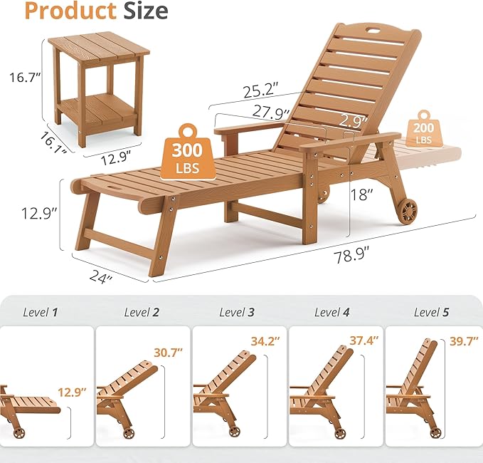LUE BONA Chaise Lounge Chair with Table, 2-Piece, HDPS Chaise Lounger, 5 Positions Adjustable Lounge Chairs, Pool Lounge Chair with Wheels for Poolside, Backyard, Teak Color