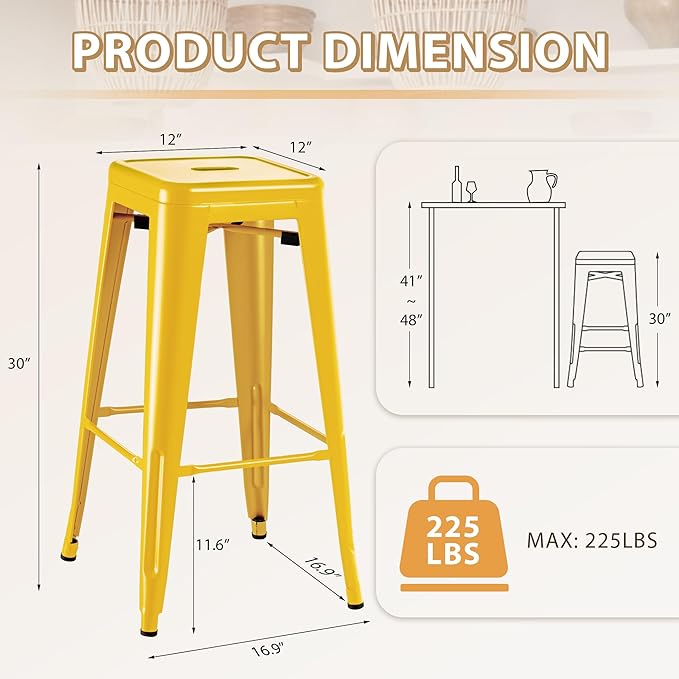 Furmax 30 Inch Metal Bar Stools Set of 4, Counter Height Backless Stools, Industrial Bar Chairs Patio Stool Stackable Backless Stool for Kitchen/Dining Room/Bistro/Patio Indoor Outdoor (Yellow)