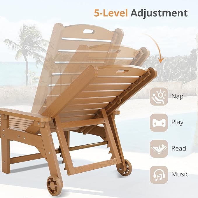 LUE BONA Outdoor Chaise Lounge Chairs Set of 4, HDPS Chaise Lounger, 5 Positions Adjustable Lounge Chairs, Pool Lounge Chair with Wheels for Poolside, 3 Year Warranty, Teak Color