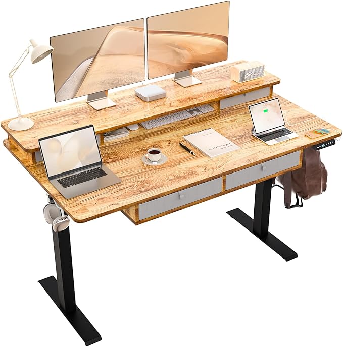 55 * 30 Inches Electric Standing Widened Desk Adjustable Height with 4 Drawers, Double Storage Shelves Stand Up Desk, Home Office Workstation Sit Stand up Desk (Light Rustic Brown)