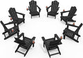 KINGYES Folding Adirondack Chair Set of 8, HDPE All-Weather Patio Chairs with Cup Holder, Wooden Textured Fire Pit Chairs for Poolside, Backyard, Deck, Black