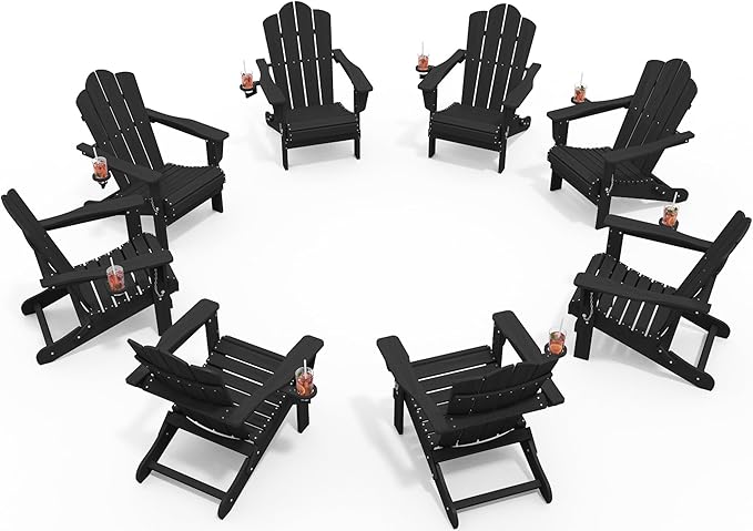 KINGYES Folding Adirondack Chair Set of 8, HDPE All-Weather Patio Chairs with Cup Holder, Wooden Textured Fire Pit Chairs for Poolside, Backyard, Deck, Black