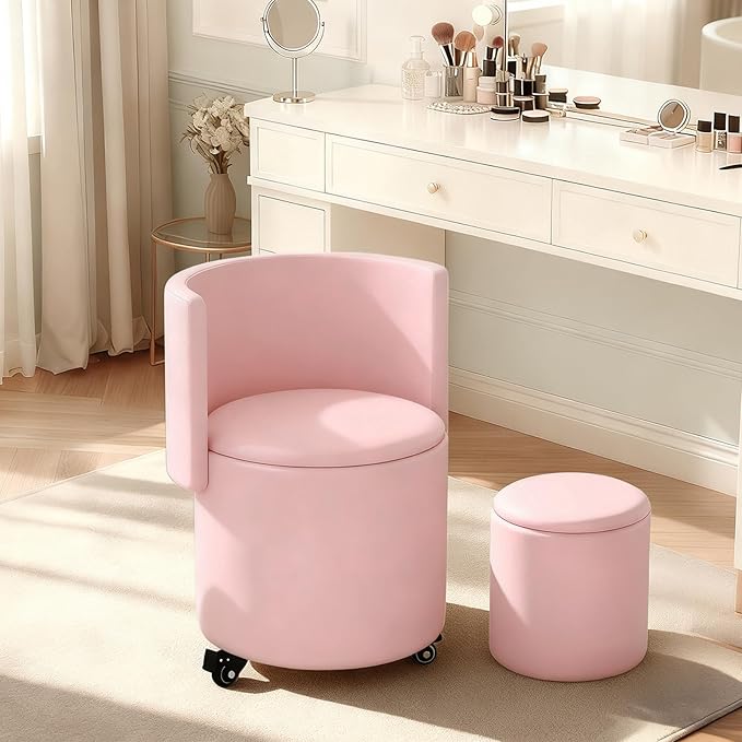 Rolling Round Vanity Chair with Storage, Swivel Makeup Chair with Folding Back, PU Leather Small Upholstered Ottoman for Bedroom Living Room
