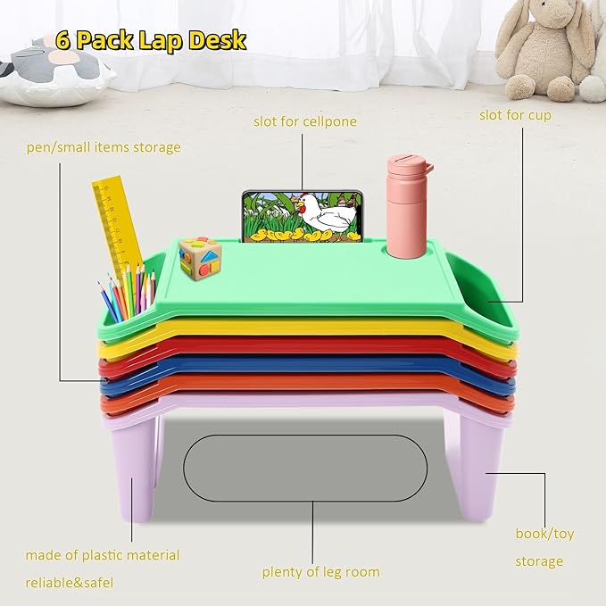 6 Pack Kids Lap Desk Tray with Storage Slots, Portable Lap Desk, Activity Tray, Drawing, Stackable, Writing, Eating, Classroom, 19.69" L x 9.84" W x 7.1" H (Multicolor)