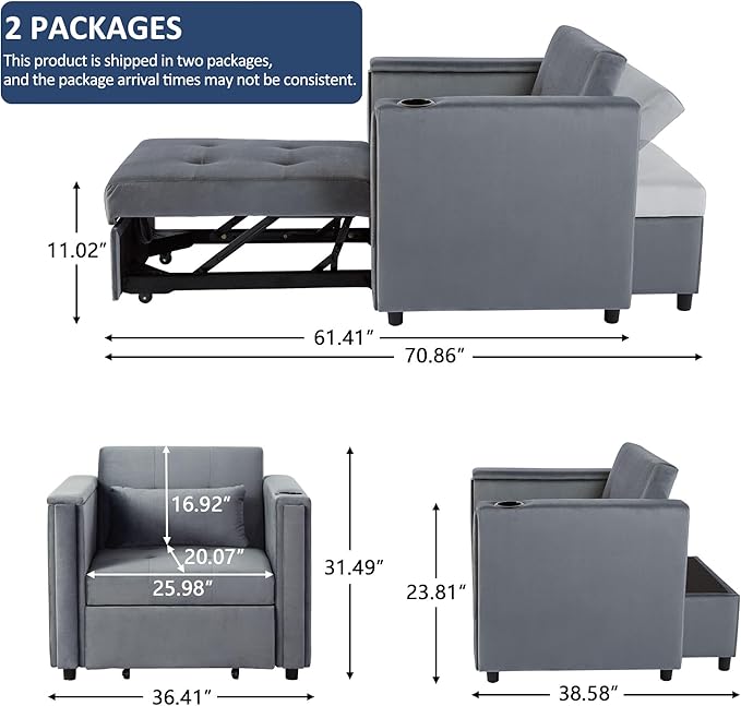 Velvet Convertible Chair Bed, 3 in 1 Multi-Functional Lounge Chair Sleeper, Pull Out Couch Guest Bed with Hidden Table and Adjustable Backrest for Living Room Small Space Apartment (Gray)