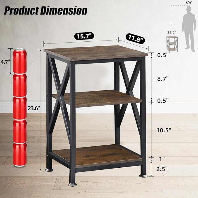 End Tables Living Room Set of 2 Farmhouse, Side Table with Storage Shelf, 16" W x 12" D x 24" H, X-Shaped Night Stands for Bedrooms, Espresso Side Table, End Tables Wood and Metal