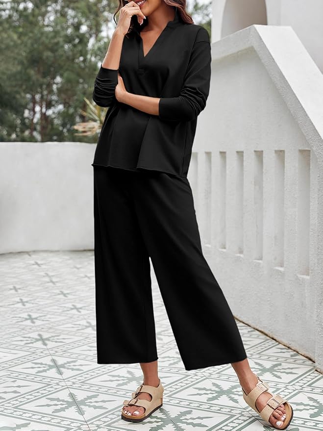 Imily Bela Womens 2 Piece Outfits Sweatsuit Long Sleeve Lapel V Neck Shirt and Wide Leg Pants 2025 Fall Trendy Tracksuit