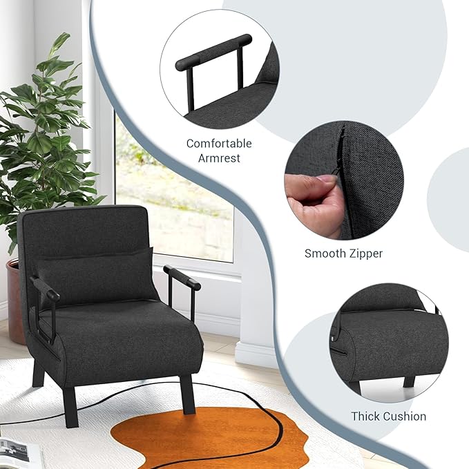 KOMFOTT Convertible Sleeper Chair Bed, 4-in-1 Folding Sofa Bed with 6-Position Adjustable Backrest, Upholstered Chaise Lounge with Removable Pillow, Leisure Recliner Lounge Couch for Home Office