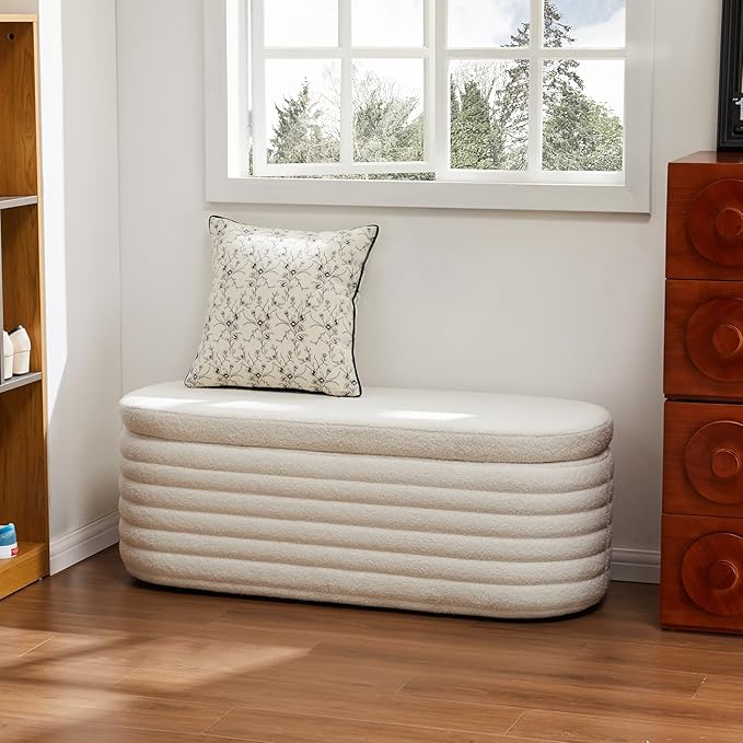45 Inch Storage Ottoman Bench Upholstered Fabric Bedroom Benches, Modern Comfy End of Bed Stool for Living Room/Hallway/Entryway, Sherpa White