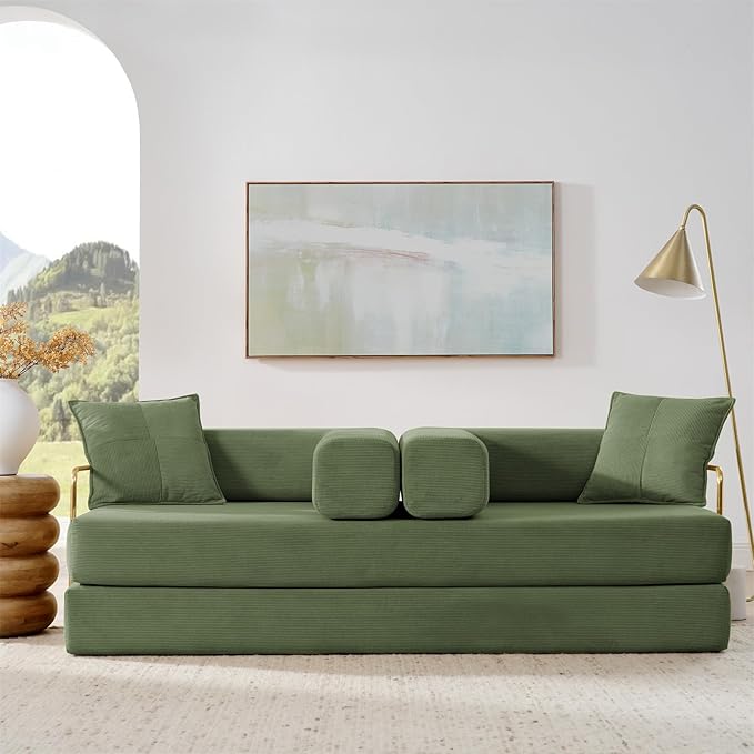 Antetek Convertible Futon Sofa Bed, 3 Seater Modern Corduroy Foam Floor King Size Bed Fold Out Sleeper Lounge Loveseat Sofa Couch with 2 Throw Pillows for Living Room Bedroom Guest Room, Green