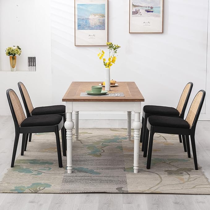 DUOMAY Mid-Century Modern Rattan Dining Chairs Set of 8, Wooden Dining Room Chair with Cane Backrest and Padded Seat, Black Sherpa Upholstered Dining Chair, Black Finish