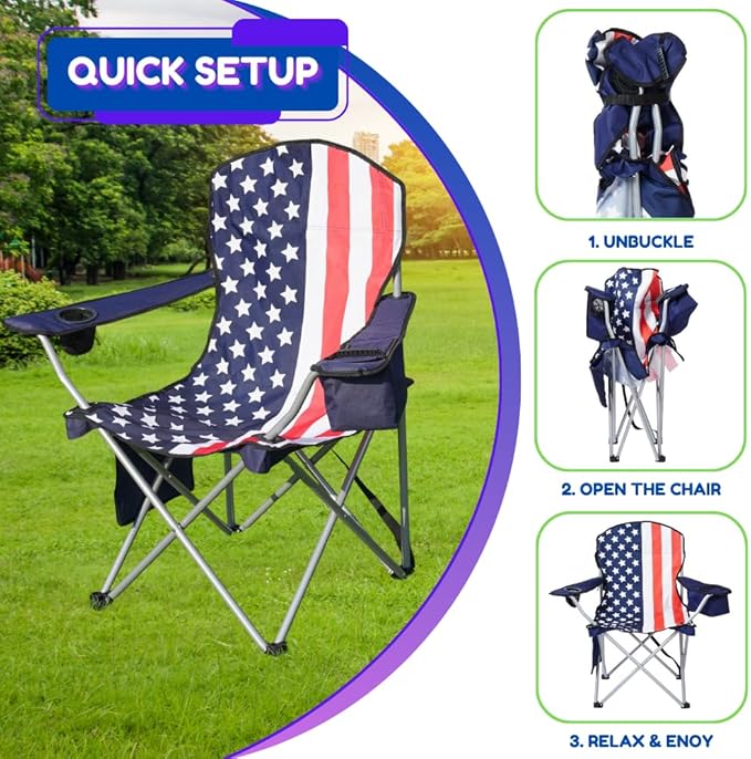 EZONE 2-Pack Camping Chairs with Built-in Ice Cooler, Portable Chair, Storage Pocket, Cup Holder, and Carry Bag Perfect for Camping, Tailgating, Fishing, Beach, and Lawn (2, Flag)