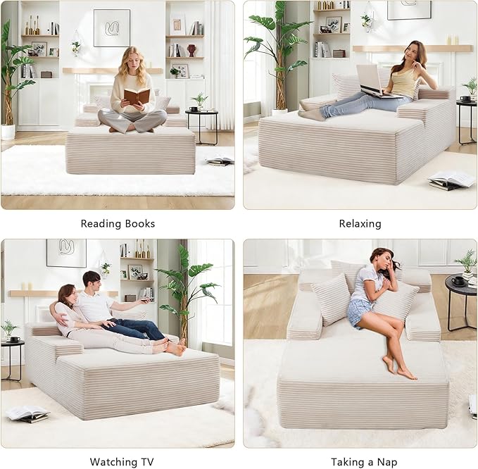 67.3'' Oversized Chaise Lounge Chair Indoor,Corduroy Boneless Couch with 3 Pillows Wide Armrest,Comfy Cloud Couch Sleeper Sofa Reading Chairs for Living Room Bedroom,No Assembly Required (Beige)