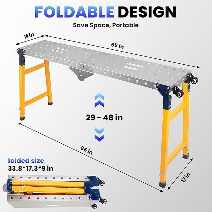 Portable Folding Welding Table, 65" x 14" Adjustable Height Work Platform with 360° Casters, Heavy-Duty 2500LBS Load Capacity Carbon Steel Work Bench for Painting, Interior Decoration (Yellow)