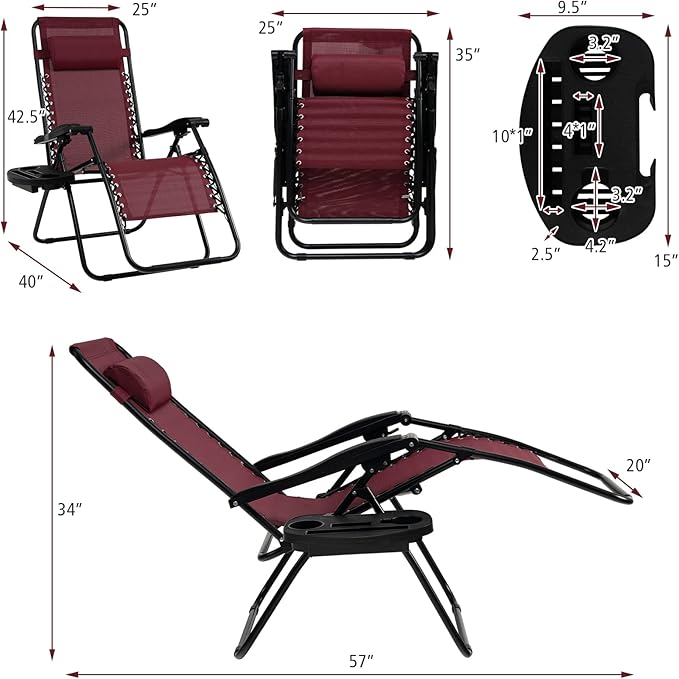 Tangkula Zero Gravity Chair, Folding Patio Lounge Chair Adjustable Outdoor Recliner with Cup Holder, Wide Armrest for Patio Garden Poolside Outdoor Yard Beach, Support 350 lbs (2, Wine)