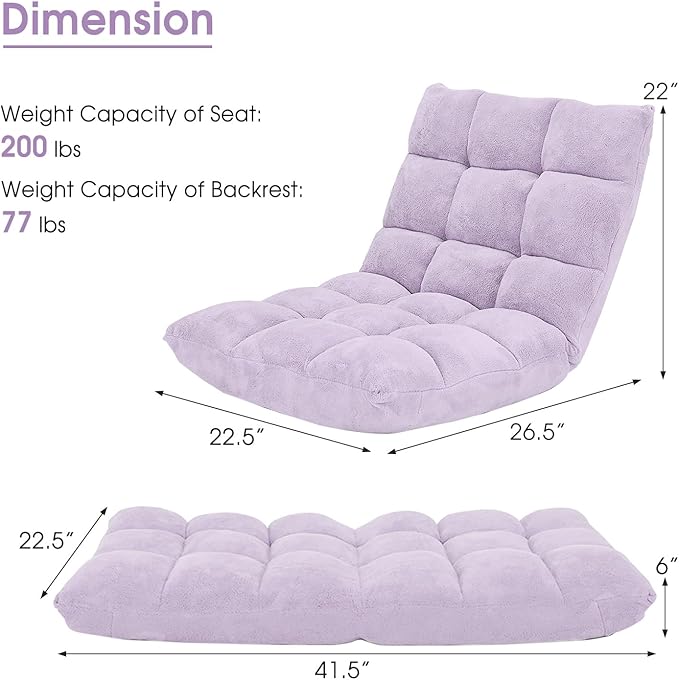 Giantex Floor Chair with Back Support, 14 Adjustable Position, Padded Sleeper Bed, Couch Recliner, Folding Gaming Floor Chairs for Adults, Living Room, Bedroom, Yoga, Meditation, Light Purple