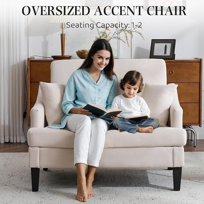 Bezseller Oversized Accent Chairs Set of 2, 33.5'' Wide Seat Comfy Armchair with 2 Pillows, Upholstered Big Reading Chair, Modern Single Sofa Chair for Living Room Bedroom Apartment Office, Beige