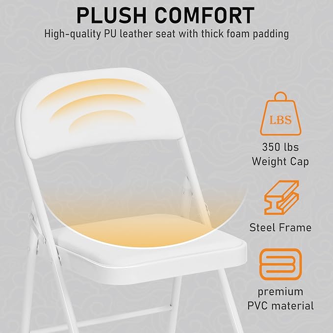 SEALAMB 16 Pack White Folding Chairs with Padded Seats & Cushion, Durable Metal Foldable Chairs for Wedding Party, Commercial Chairs for Office School Church Events, 330lb Capacity (White-PU, 16 Pack)