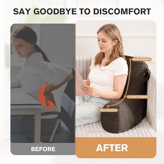 Unisakey Portable Comfy Reading Pillows for Bed Sitting Up(Brown Oeko-Tex), Velvet Back Pillow with Arms & Pockets for Adults, Support Memory Foam Bed Pillow for Dorm/Reading/Watching/Gaming