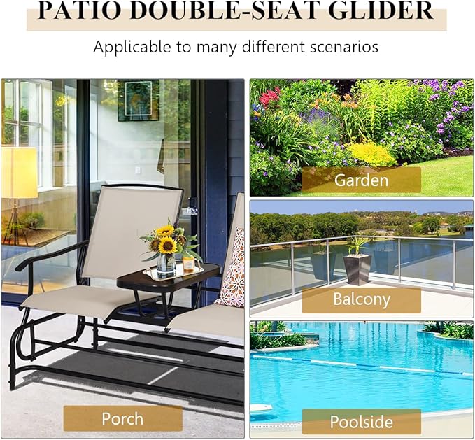 S AFSTAR 2-Person Outdoor Glider, Patio Glider Bench Chairs with Center Tempered Glass Table & Breathable Loveseat, Double Swing Glider Chair for Porch Garden Poolside Balcony Lawn (Beige)