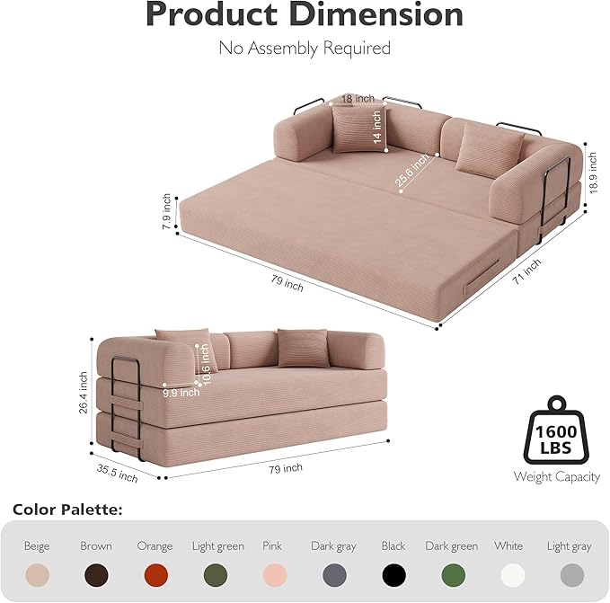 79 Inch 5-in-1 Convertible Sofa Bed, Corduroy Boneless Floor Couch with Fixed Frame & Pillow, Modular Folding Mattress Lounger for Small Space, Living Room, Bedroom - Easy Assembly(Pink)