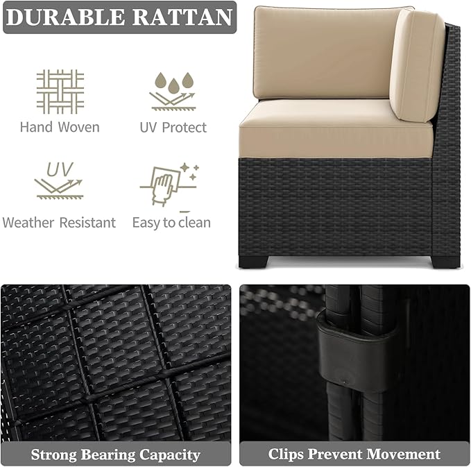 LayinSun 7 Pieces Patio Furniture Set with Fire Pit Table, Black Rattan Modular Sectional Patio Conversation Sofa Set