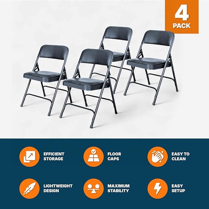 OEF Furnishings OEF1200 Series Premium Heavy Duty Vinyl Padded Folding Chairs, Commercial Grade 500 lb Capacity (4-Pack, Midnight Blue)