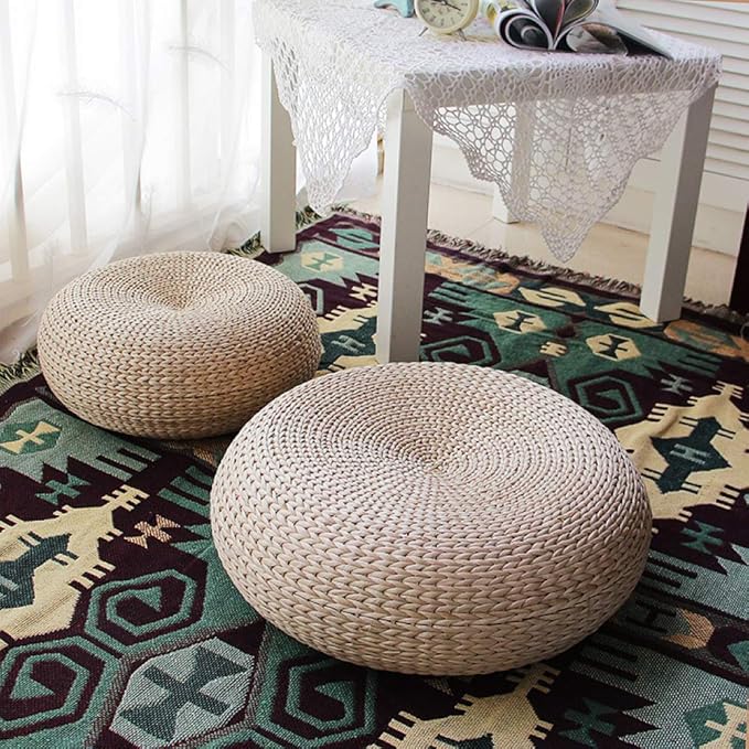 Handwoven Banana Leaf Pouffe Chair - Round Floor Seat with Padded Cushion for Comfort - Eco-Friendly Seating Solution for Home Decor and Relaxation