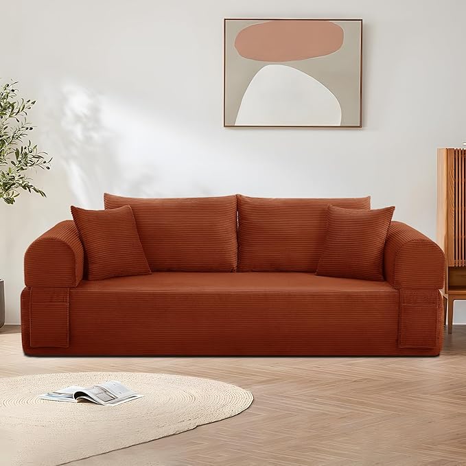 83" Sofa in a Box, 3 Seater Couch No Assembly Boneless Sofa Bed with Cushion Back 2 Matching Pillows Deep Seat Corduroy Fabric Side Storage Pockets for Living Room, Bedroom, Apartment, Office, Orange