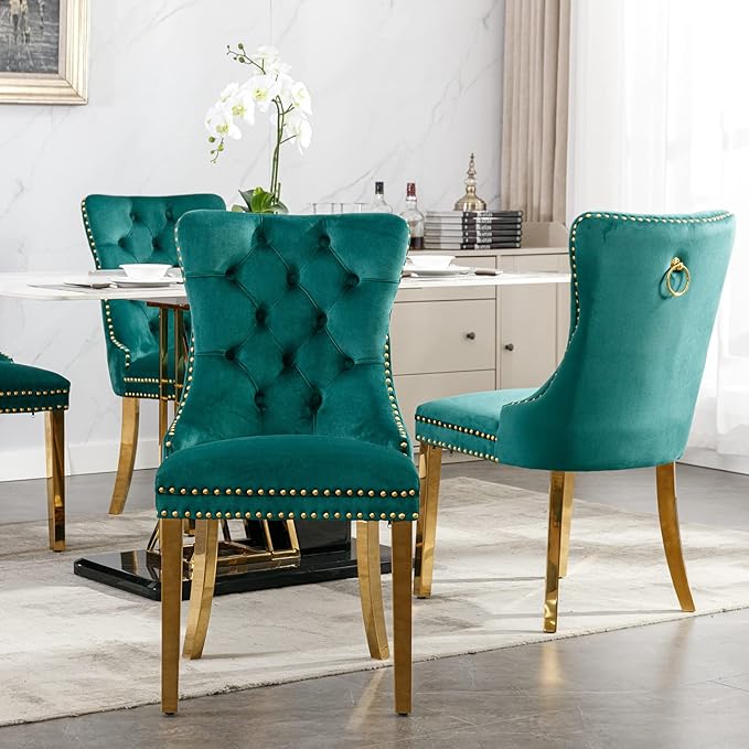 YeahFurn Mid Century Modern Dining Chairs Set of 4, Green Velvet Upholstered Tufted Back, Kitchen & Dining Room Chairs, Gold Metal Legs, Nailhead Trim, Sillas para Comedor (Green, 4 Pcs)