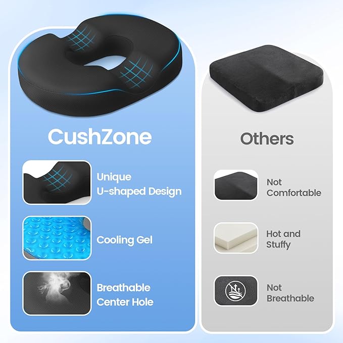 Donut Pillow Seat Cushion - Cooling Gel Floor Pillow, Memory Foam Floor Cushion for Office & Home, Car Seat, Hemorrhoids Pillow, Sciatica & Tailbone Pain Relief Chair Cushion, Black-XXL