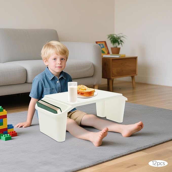 12-Pack Kids Lap Desks, Plastic Lap Tray with Rounded Edges, Stackable Kindergarten Children's Tray with Side Pockets, Portable Bed Table for Reading Dining, Preschool Daycare Home, No Assembly, White