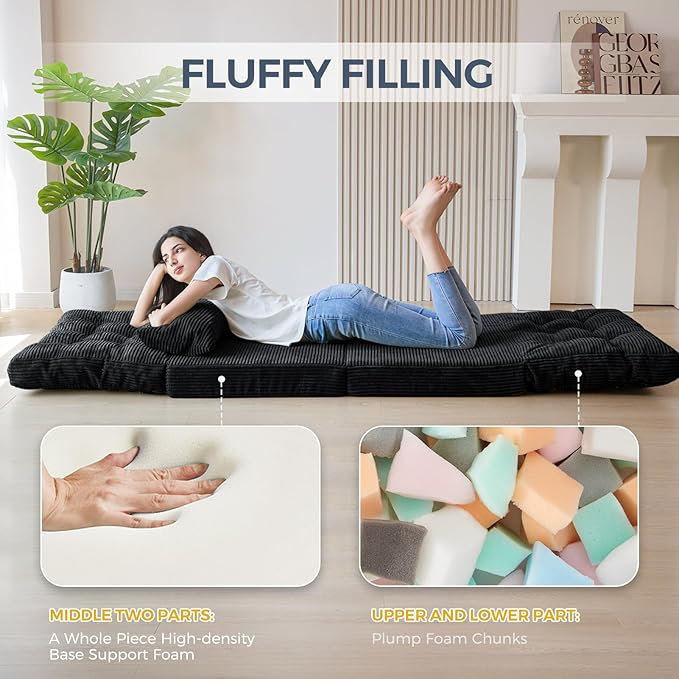 MAXYOYO Bean Bag Bed Tufted Folding Sofa Bed with Pillows Floor Mattress for Adults, Extra Thick and Long Floor Sofa, Single Couch for Bedroom Living Room, Black, 30x91 Inch