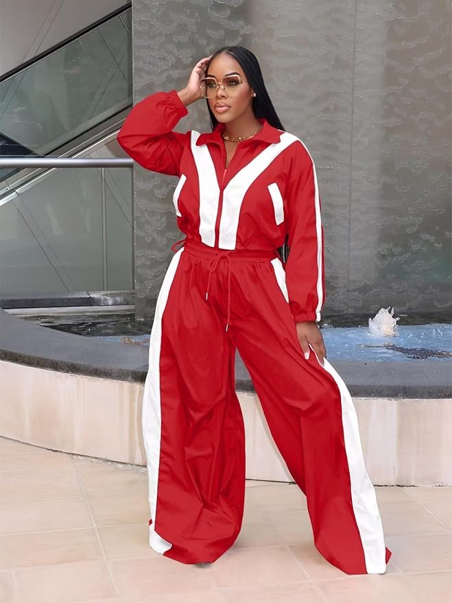 Women Striped 2 Piece Outfits Fall Workout Sets Windbreaker Tracksuit Crop Jacket Wide Leg Pants with Pockets
