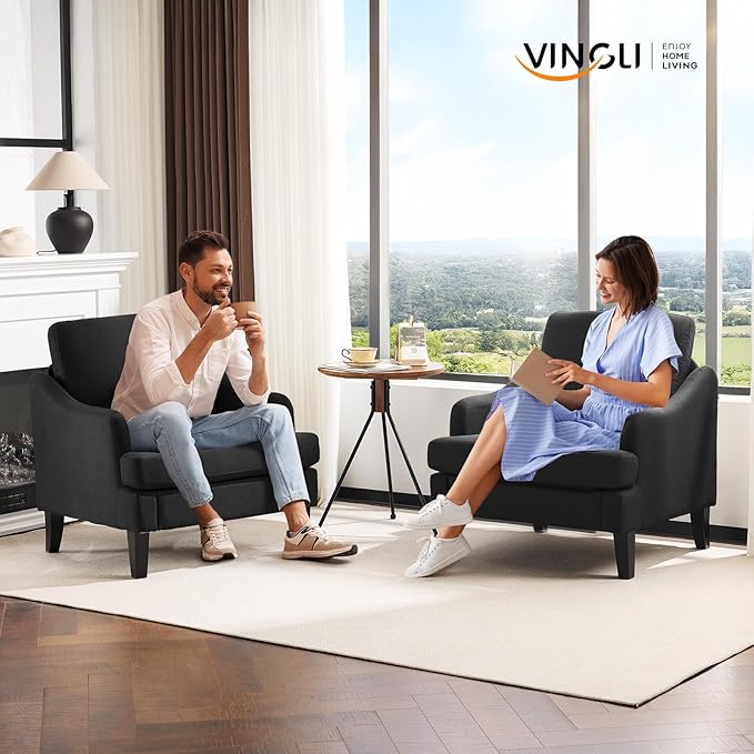 VINGLI Linen Fabric Accent Chairs Set of 2, Grey Modern Upholstered Armchair, Comfy Sofa Chair Living Room Bedroom Furniture for Apartment