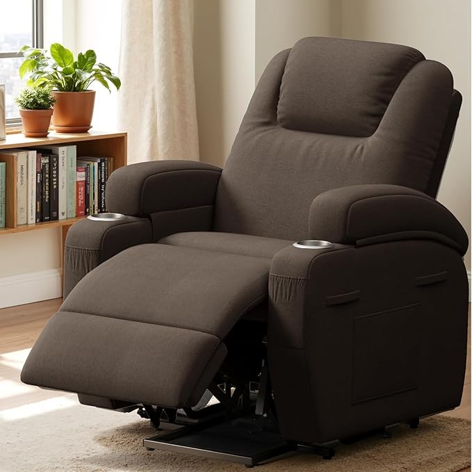 Flamaker Power Lift Chair Massage Recliner Chairs for Elderly - Ergonomic Design with Cup Holders & Side Pockets, Remote Control (Dark Brown)