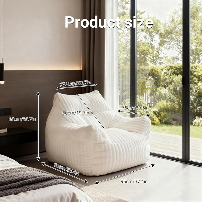 Fuzzy Bean Bag Chairs for Adults with Armrests & Back Support, Oversized Fireside Chair Alternative, Plush Floor Sofa Bed for Living Room, Bedroom, Dorm, Lounge, Gaming White