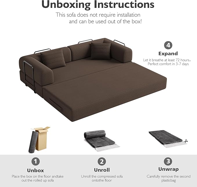 79 Inch 5-in-1 Convertible Sofa Bed, Corduroy Boneless Floor Couch with Fixed Frame & Pillow, Modular Folding Mattress Lounger for Small Space, Living Room, Bedroom - Easy Assembly(Brown)