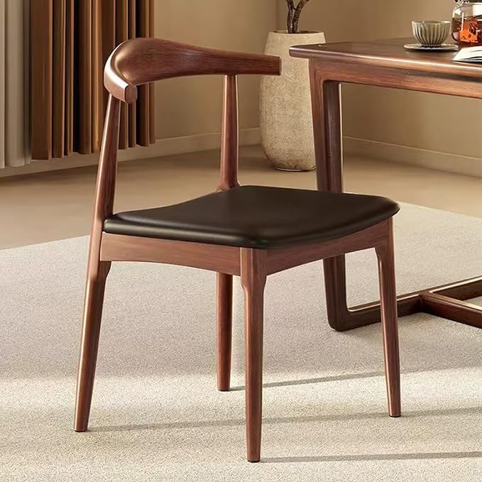 Ytaoka Solid Wood Dining Chair, Mid Century Dining Chair, Upholstered PU Leather Chair with Wide Curved Backrest, Chair for Dining Room, Kitchen, Walnut Finish