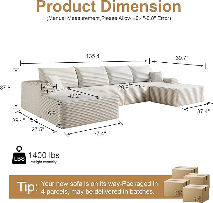AUGOP 136" Sectional Couches for Living Room Modern Modular Sofa with L-Shape Couchs Upholstered Boneless Couch Deep Seat Sectional Couch with Chaise (White, Left Facing Chaise+3Seaters+Ottoman)