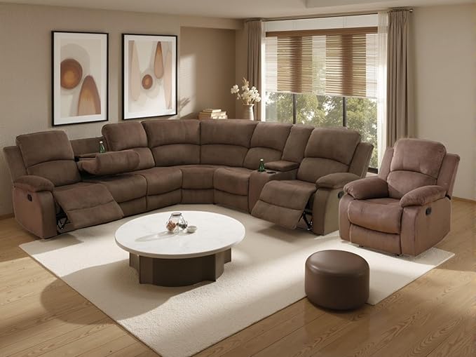 Manual Reclining Sofa Set with Drop-Down Table, Corduroy Sofa Sets, Living Room Furniture Sets, Modern Manual Recliner Sofa Sets with Storage Console for Living Room (Brown, Sectional+Chair)