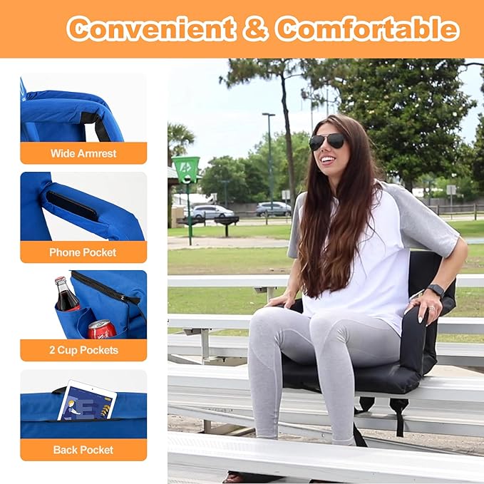 nalone Folding Stadium Seat Set of 2, 20.5 inch Wide Stadium Chairs for Bleachers Stadium Seat Bleacher Chairs Portable with Back Supports Thick Padded Cushion Armrests Reclining (Blue)